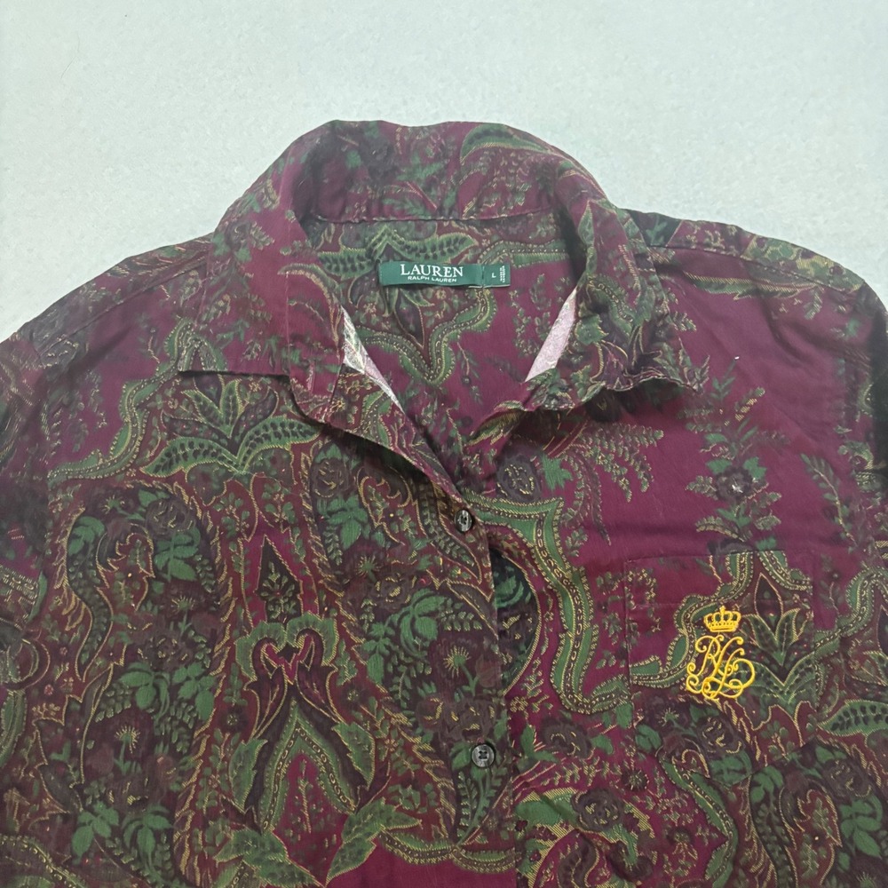 Lauren Ralph Lauren Burgundy Paisley Crest Logo Cotton Button Down Shirt L - Picture 3 of 8